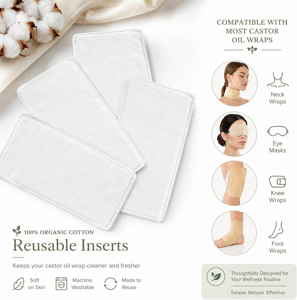 4 Pack Small Organic Cotton Flannel Inserts for Castor Oil Pack Wrap, Reusable Washable Castor Oil Compress Pads for Eyes, Neck, Elbow, Knee & Belly Button