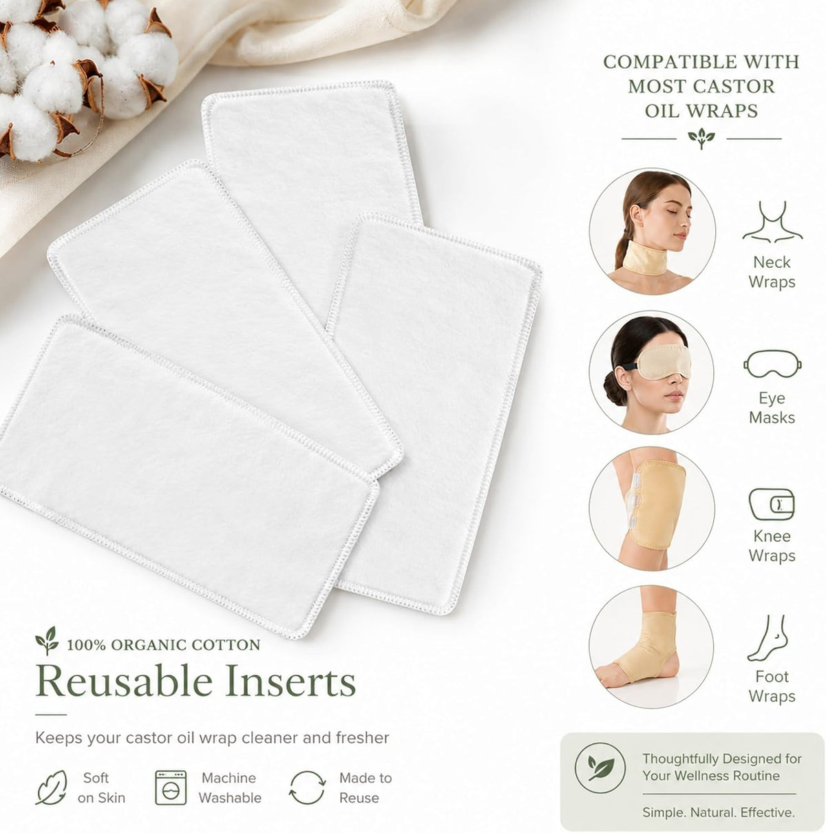 4 Pack Small Organic Cotton Flannel Inserts for Castor Oil Pack Wrap, Reusable Washable Castor Oil Compress Pads for Eyes, Neck, Elbow, Knee & Belly Button