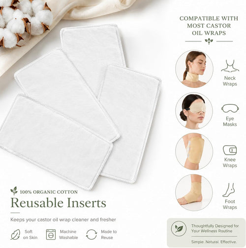 4 Pack Small Organic Cotton Flannel Inserts for Castor Oil Pack Wrap, Reusable Washable Castor Oil Compress Pads for Eyes, Neck, Elbow, Knee & Belly Button