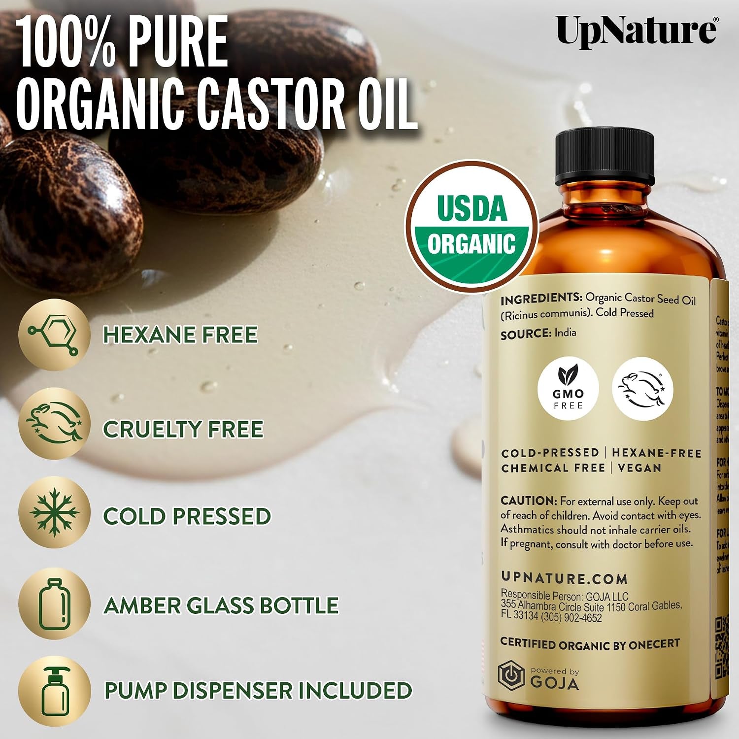 Organic Castor Oil, Cold Pressed Hexane-Free, 16Oz Glass Bottle