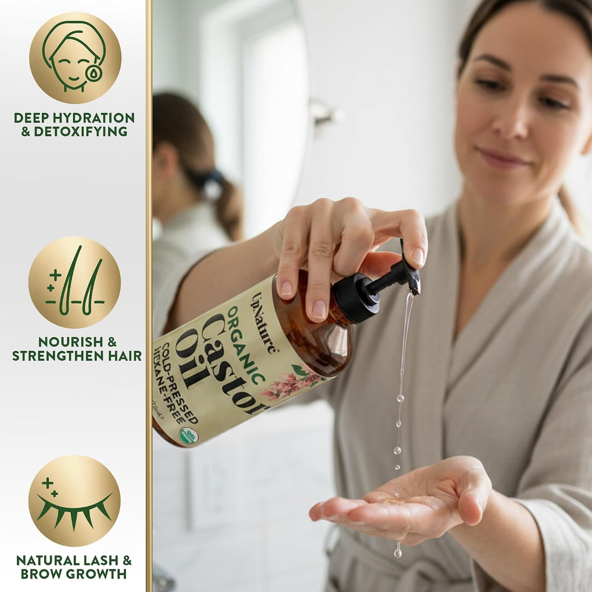 Organic Castor Oil, Cold Pressed Hexane-Free, 16Oz Glass Bottle